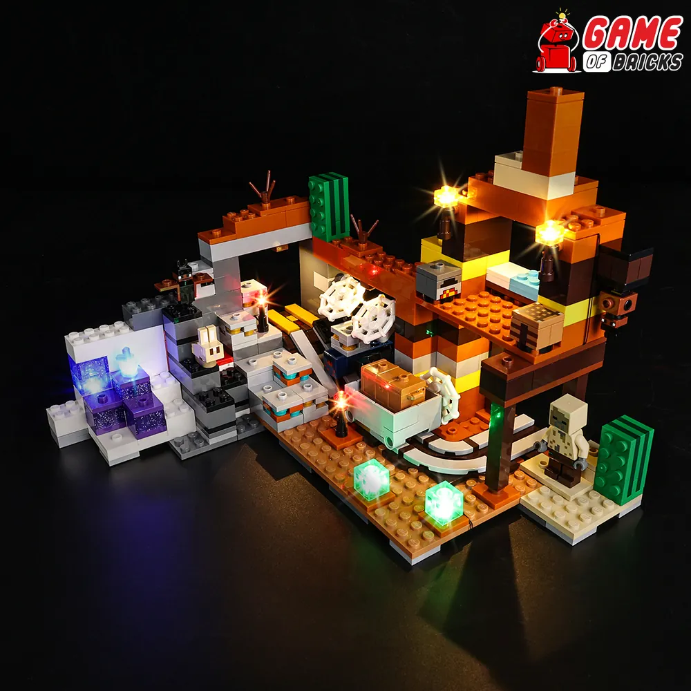 Game of Bricks LED kit lighting up the mineshaft interior of LEGO 21263