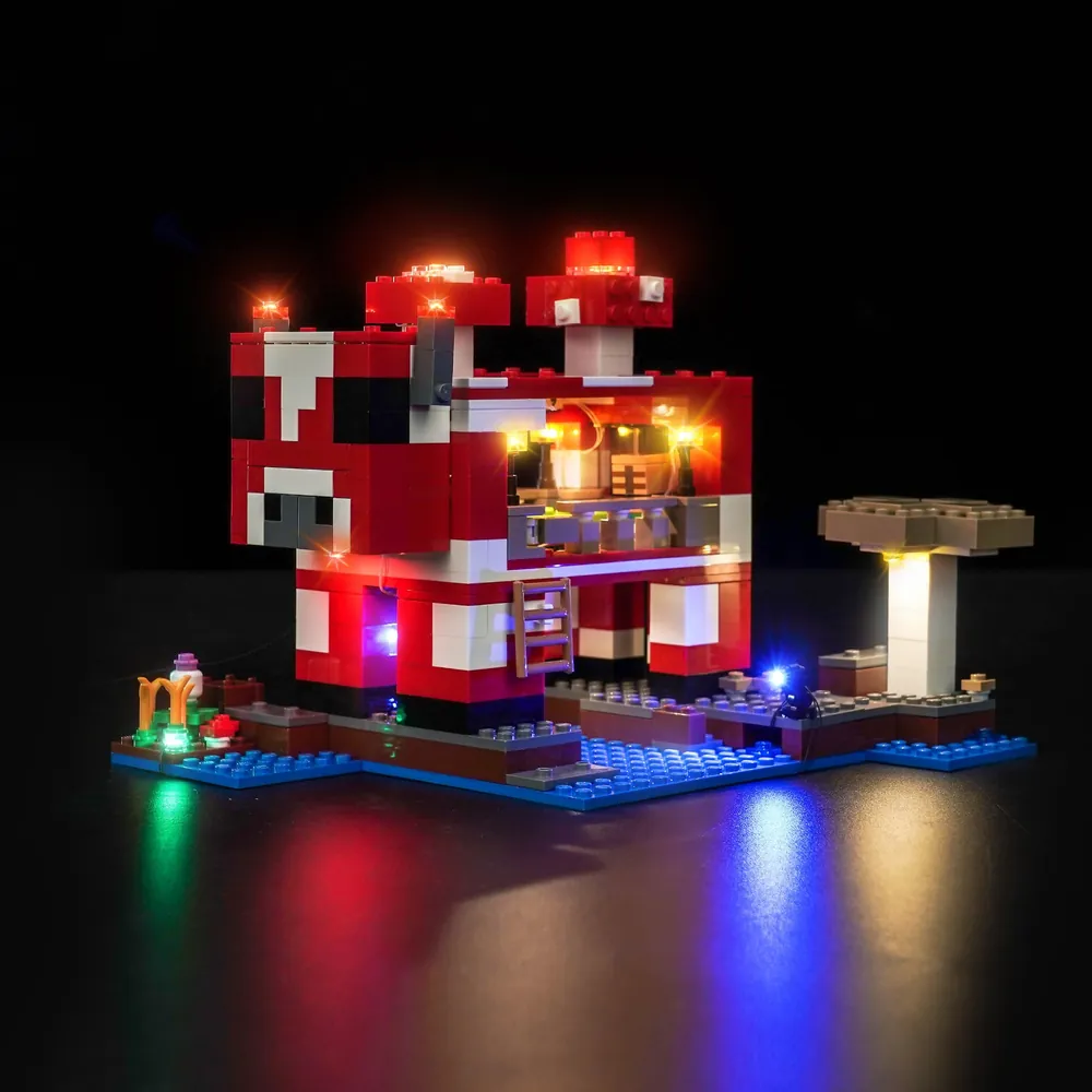 BrickBling LED kit for LEGO Minecraft Mooshroom House 21270 illuminating the red mushroom cap and interior glow.