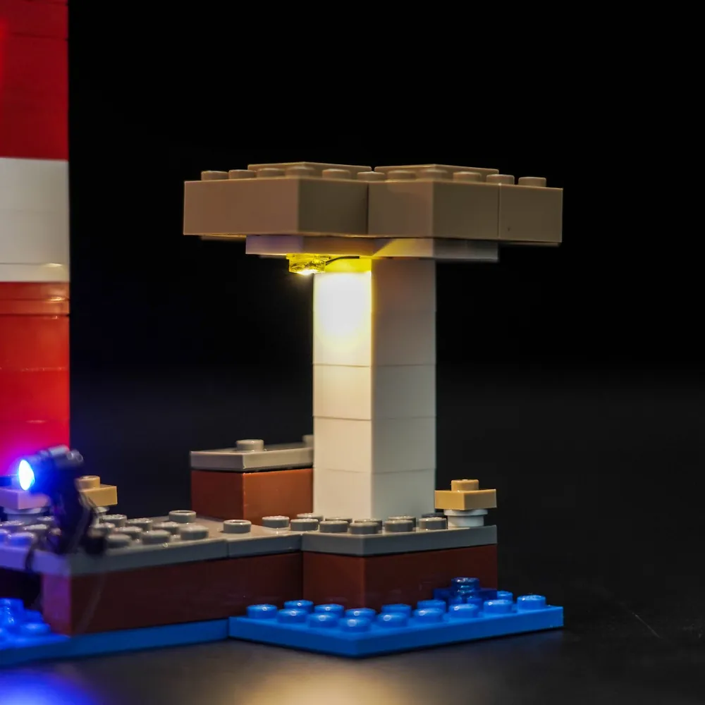 The Mooshroom House with BrickBling lighting, showing the warm ambiance created for display.