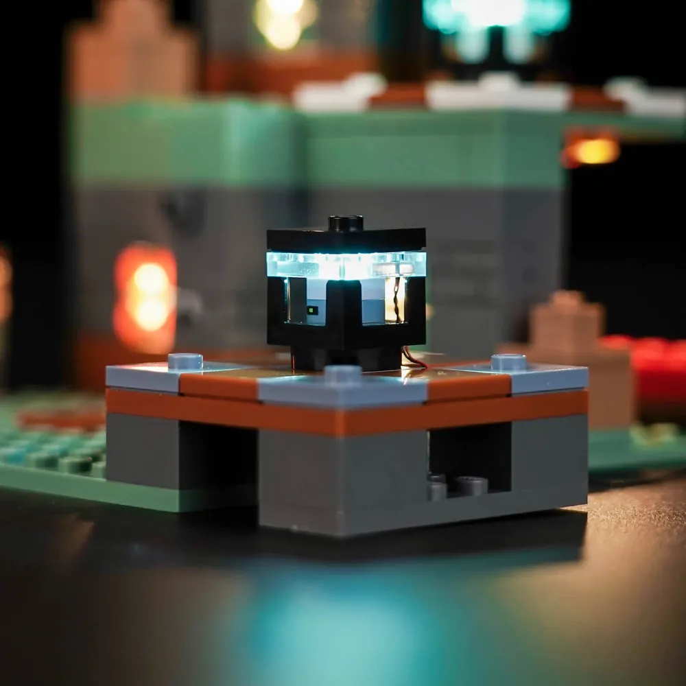 LEGO Minecraft Trial Chamber 21271 with BrickBling light kit showcasing dark bluish gray and dark orange accents