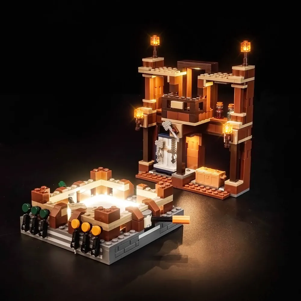 BrickBling light kit for LEGO Minecraft Woodland Mansion Fighting Ring with modular micro-LEDs illuminating the arena
