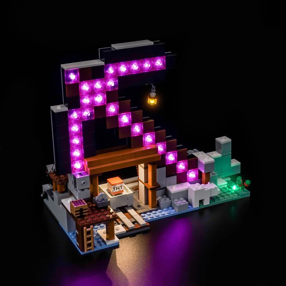 BrickBling micro-LEDs lighting the minecart rail and furnace glow on LEGO Minecraft The Pickaxe Mine 21277