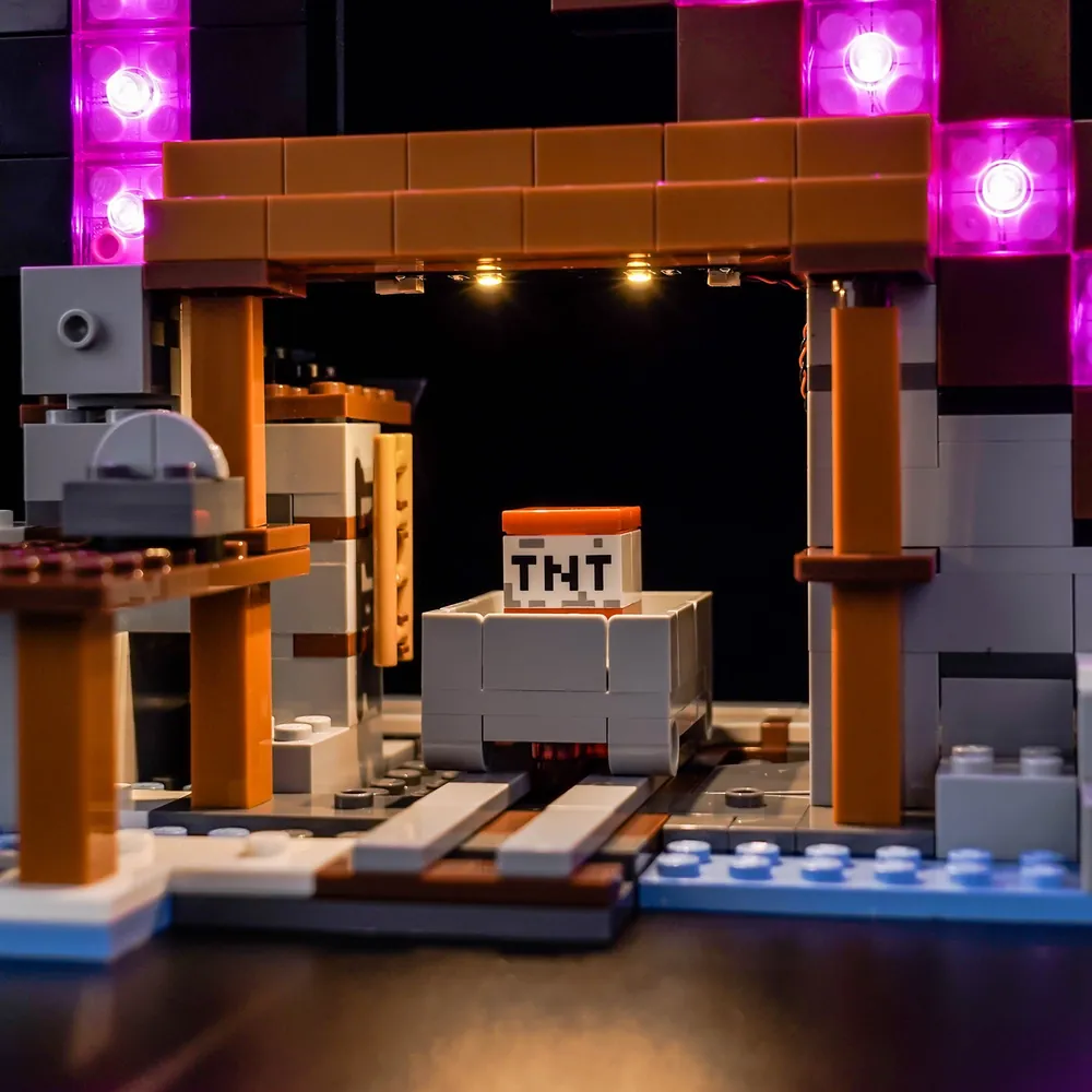 Close-up of BrickBling modular micro-wire harness hidden in the walls of LEGO Minecraft Pickaxe Mine