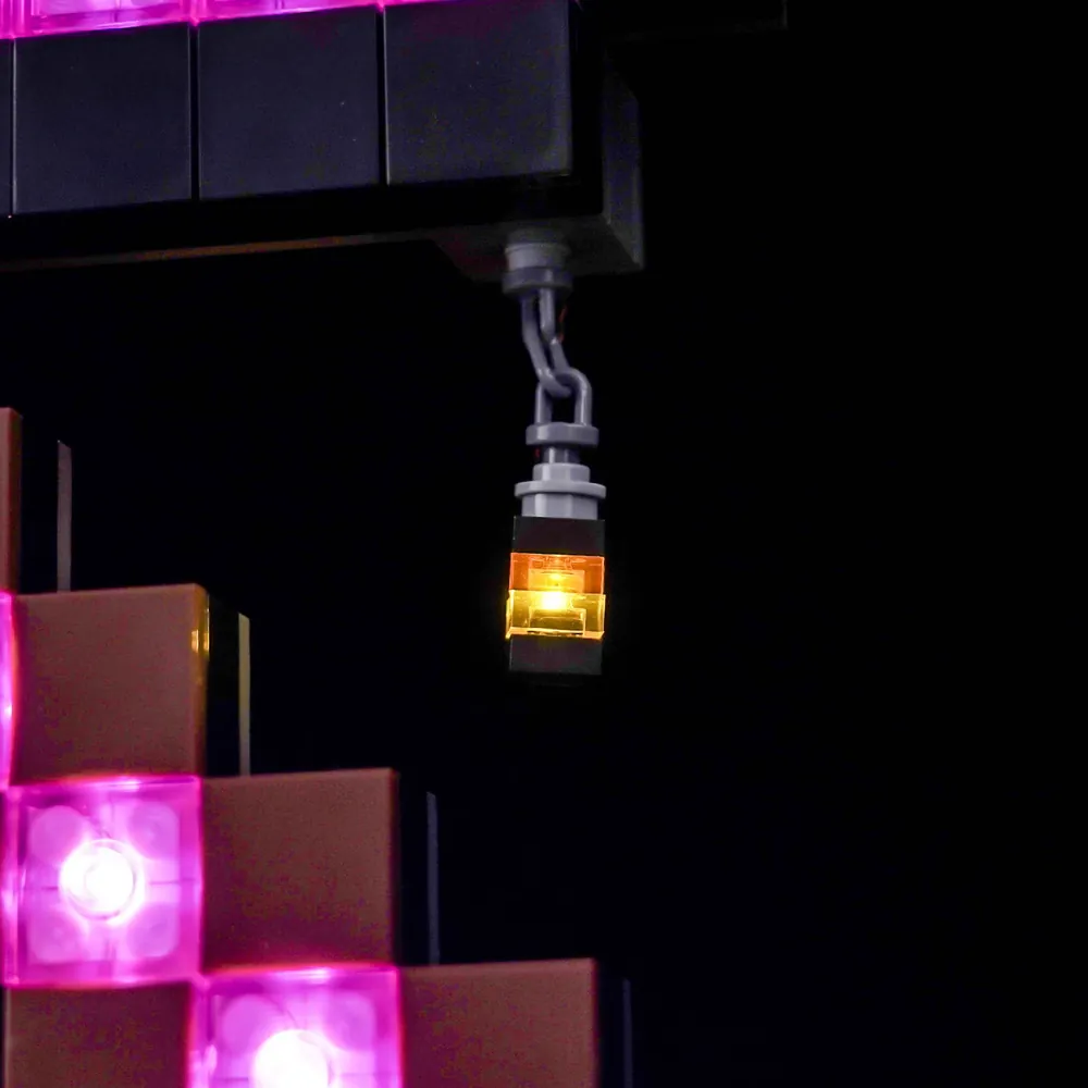 The Pickaxe Mine display with BrickBling warm lights under the overhang and near the TNT block