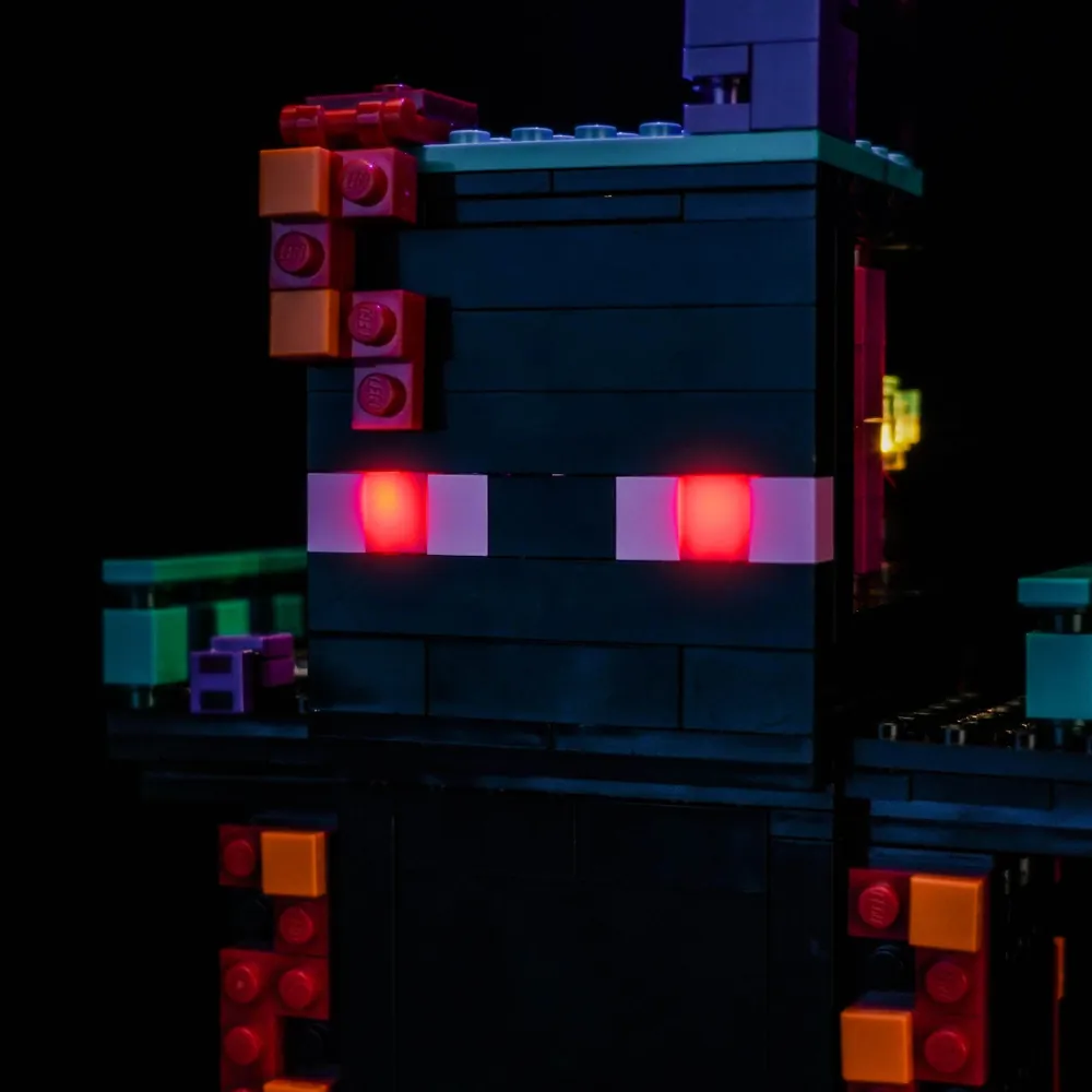 Close-up of BrickBling modular micro-LEDs on LEGO Enderman Tower