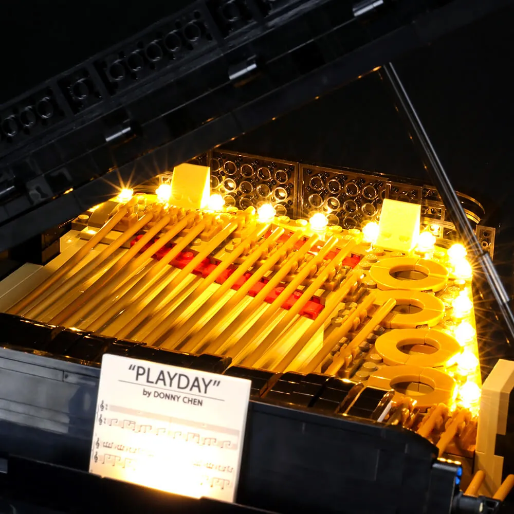Thick wires laid along the piano's back, highlighting the harness approach