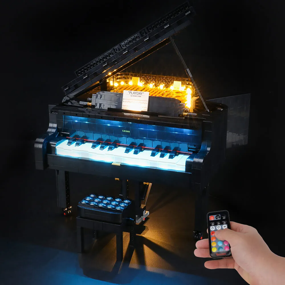 LEGO Grand Piano illuminated with Lightailing lights showing the full silhouette