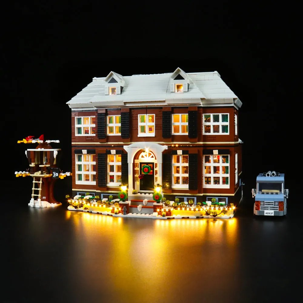 BrickBling light kit for LEGO Home Alone 21330 highlighting the living room and porch