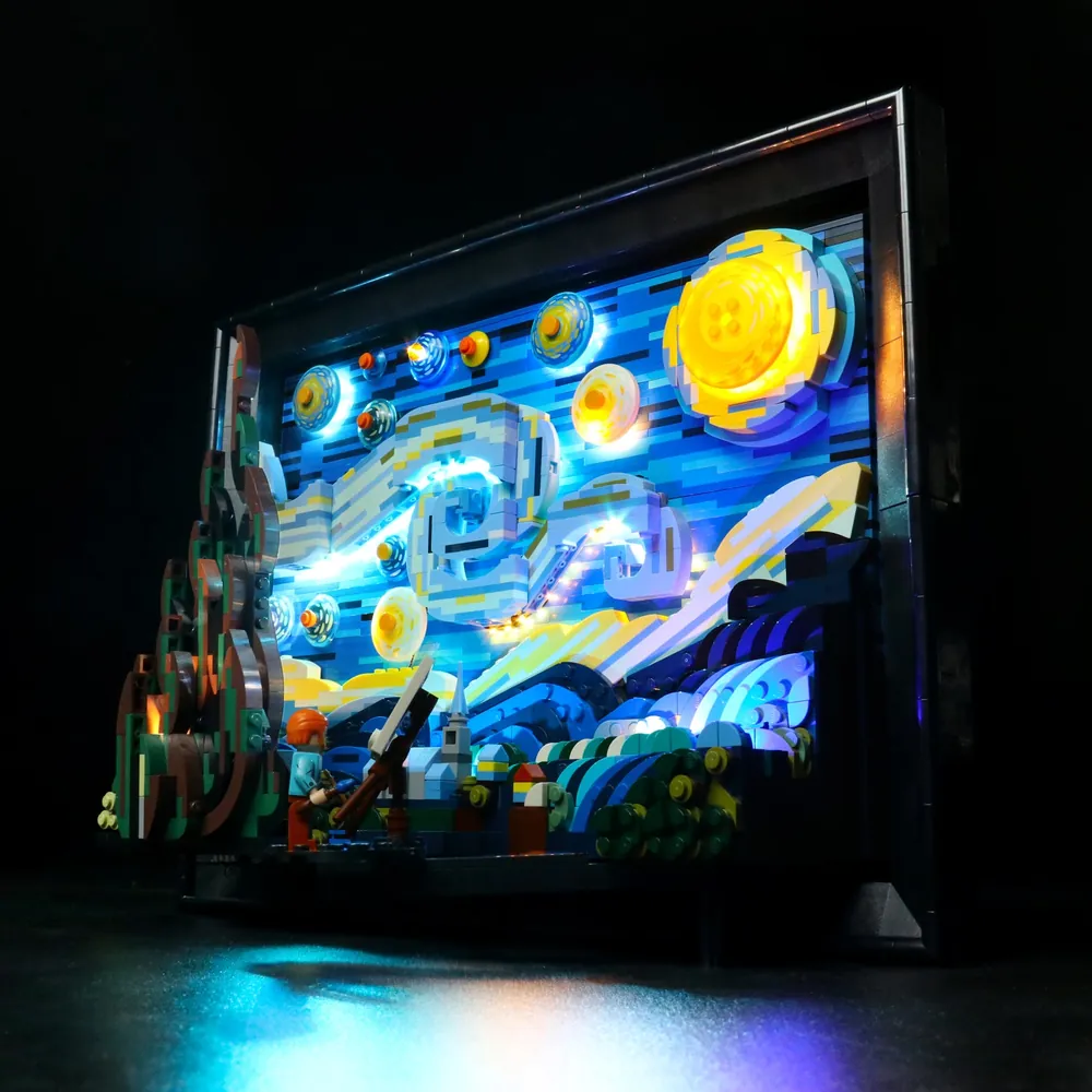 BrickBling Classic LED kit close-up on Starry Night frame