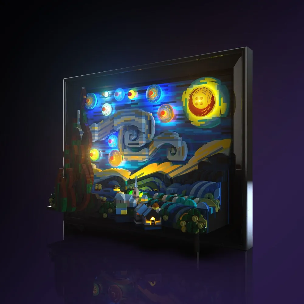 LightMyBricks LED kit for LEGO Starry Night creating dramatic effect