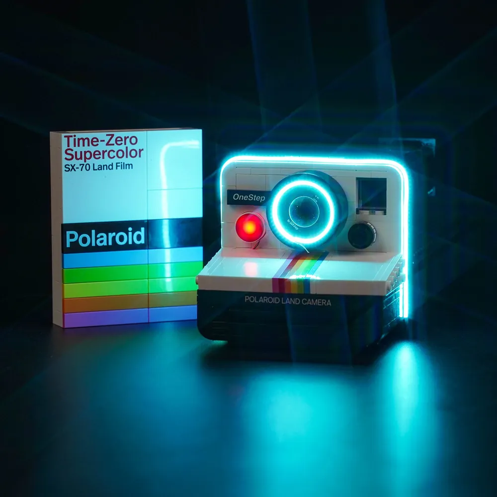 BrickBling LED kit for LEGO Polaroid 21345 illuminating the camera body and film pack