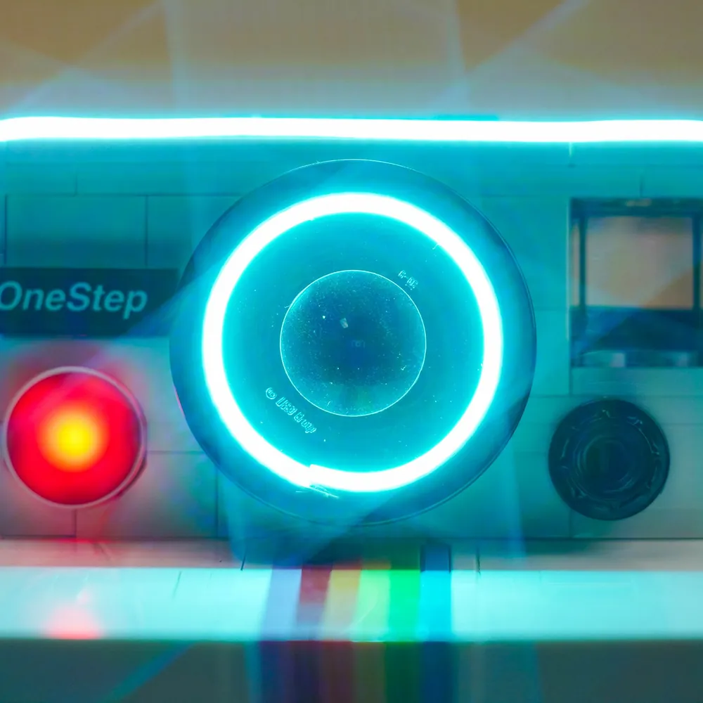 Close-up of BrickBling lighting on the LEGO Polaroid's iconic rainbow stripe