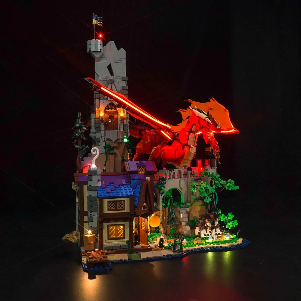 BrickBling LED kit for LEGO Dungeons and Dragons 21348 showing modular micro LEDs