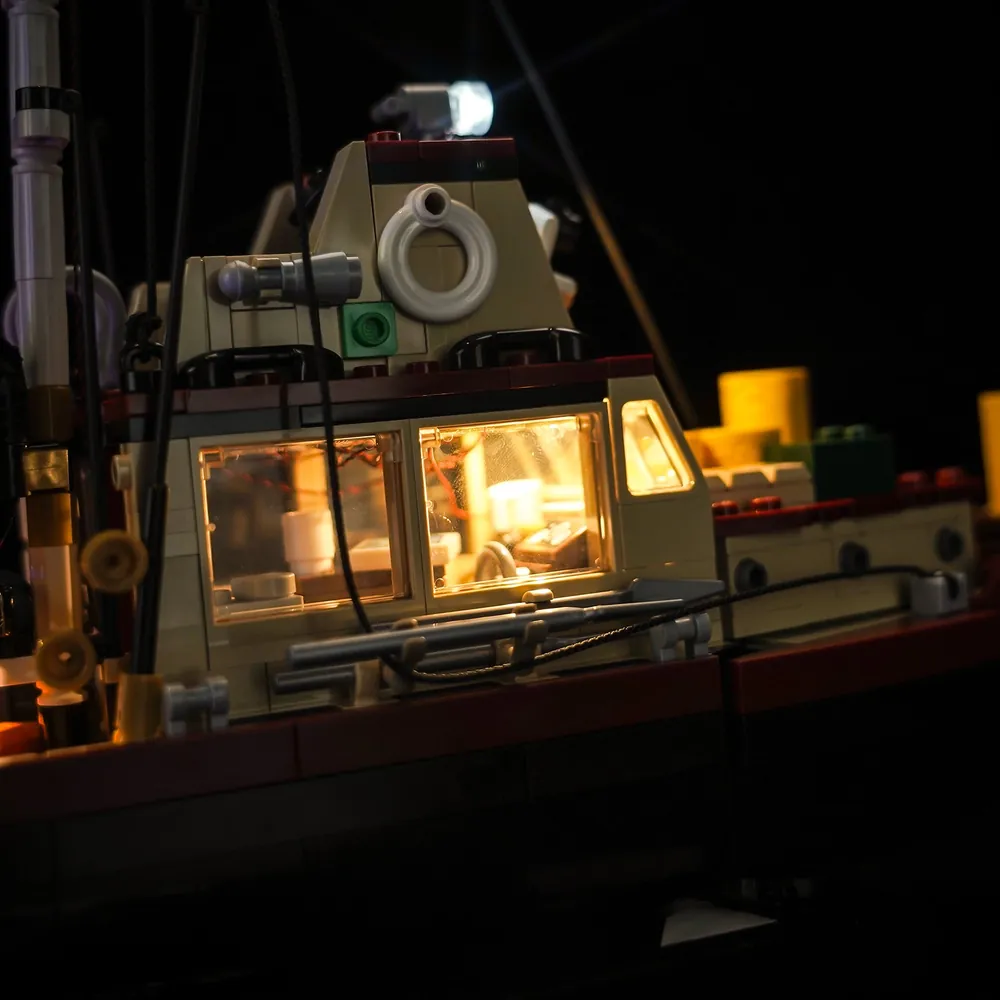 Close-up of BrickBling micro-LED lights on LEGO Jaws Orca deck