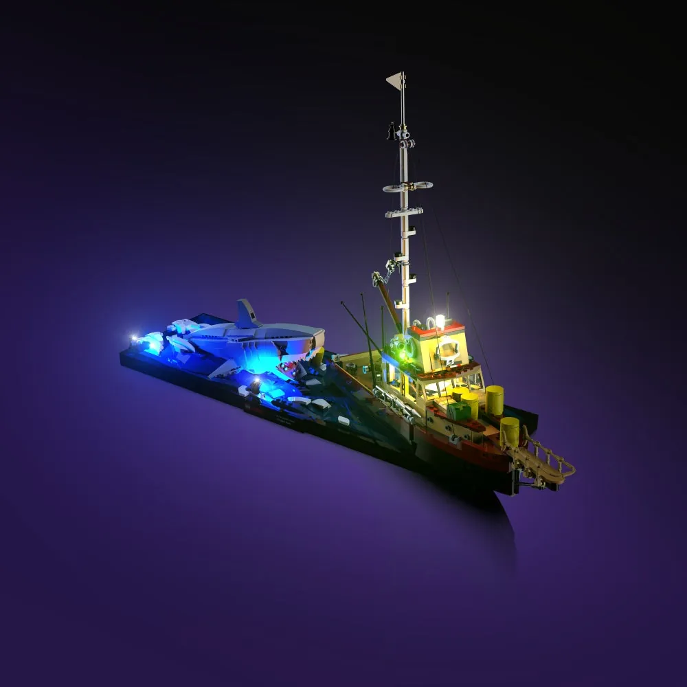 LightMyBricks LED kit for LEGO Jaws 21350 illuminating the shark