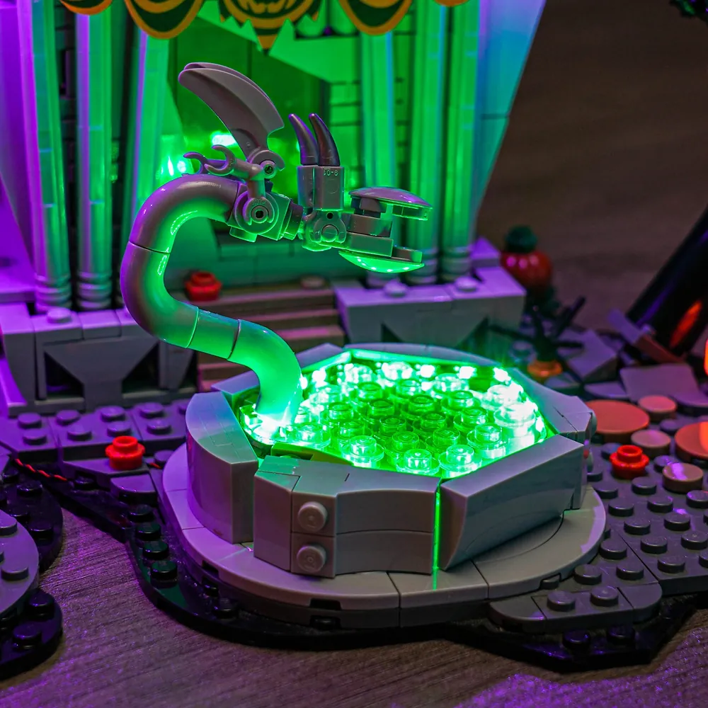 Close-up of BrickBling micro-LEDs on LEGO 21351 architecture details