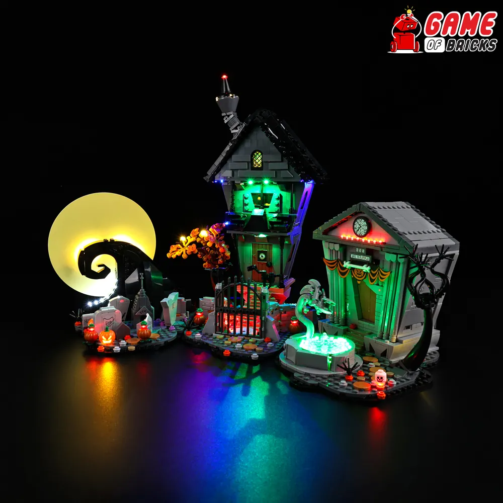 Game of Bricks LED kit for LEGO 21351 lighting the graveyard and Town Hall interior
