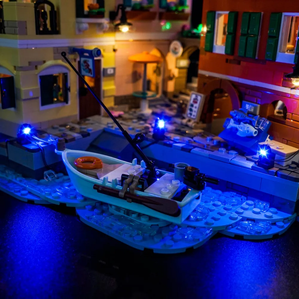 Close-up of BrickBling modular micro-LEDs lighting the gelateria in LEGO 21359