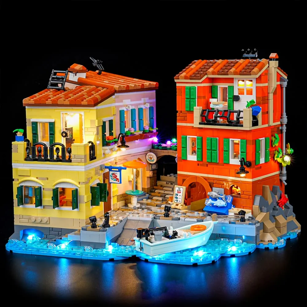 Lightailing LED harness lighting up the LEGO Italian Riviera 21359 waterfront