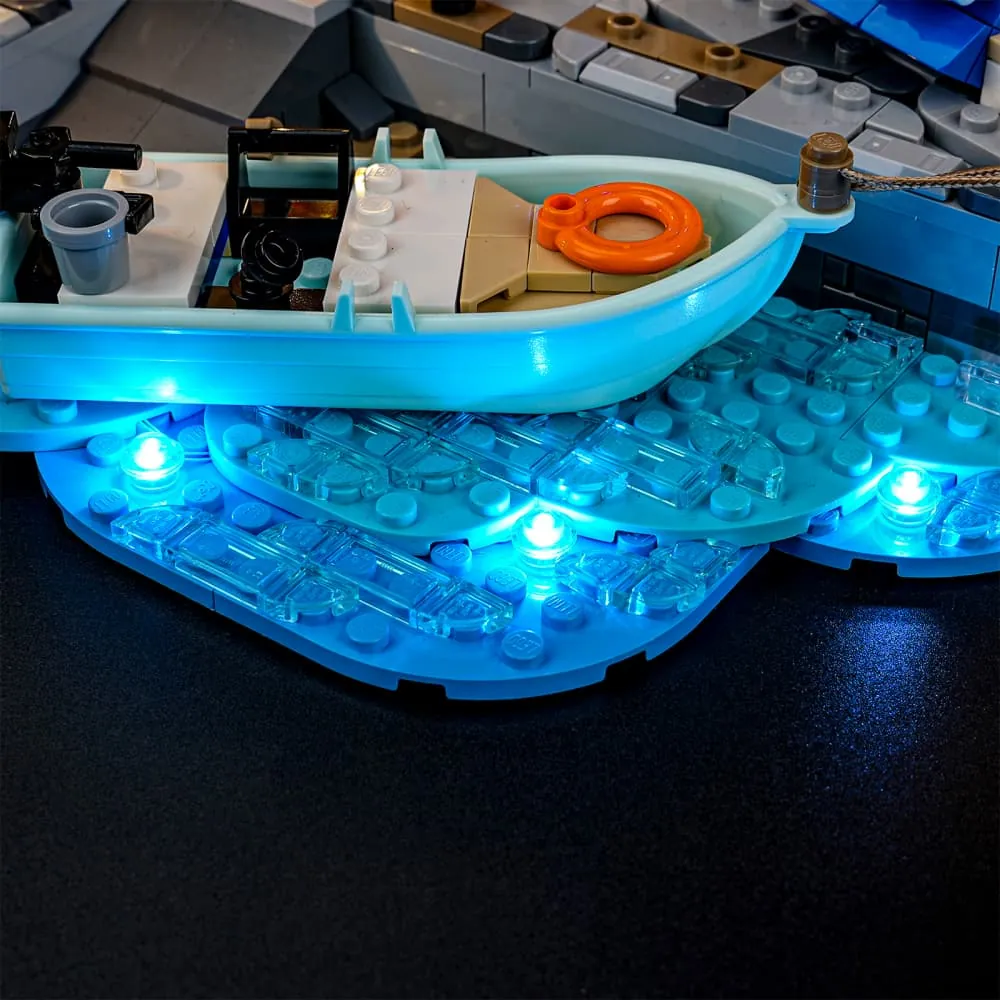 Lightailing pre-soldered wires illuminating the harbor scene in LEGO Ideas 21359