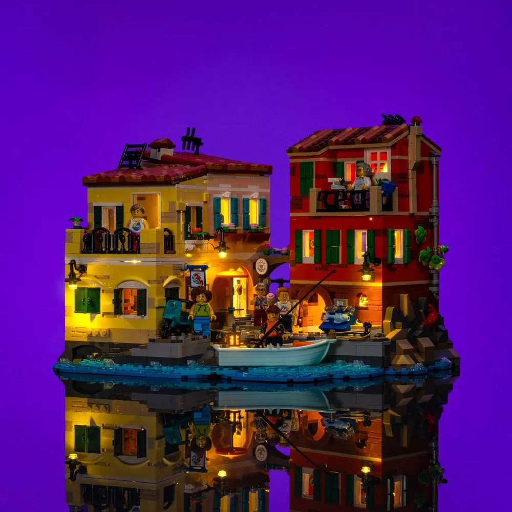 LightMyBricks LED kit adding dramatic glow to LEGO Italian Riviera 21359