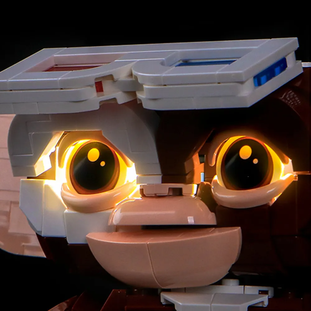 Close-up of BrickBling modular micro-LED wiring on LEGO Gizmo's body