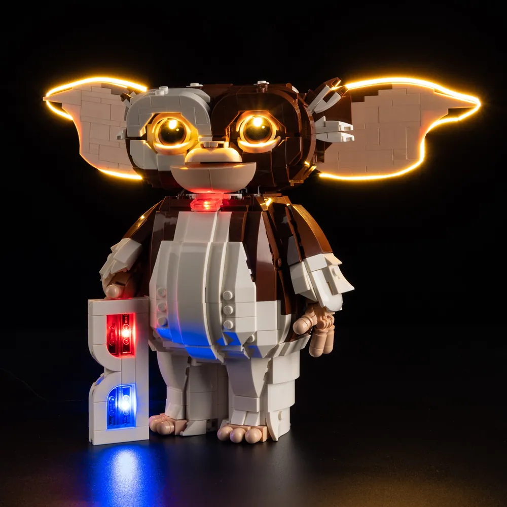 Game of Bricks LED kit on LEGO Gremlins Gizmo 21361 showing premium lighting