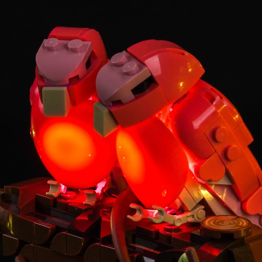Close-up of BrickBling micro-LEDs hidden within the LEGO Love Birds branch structure