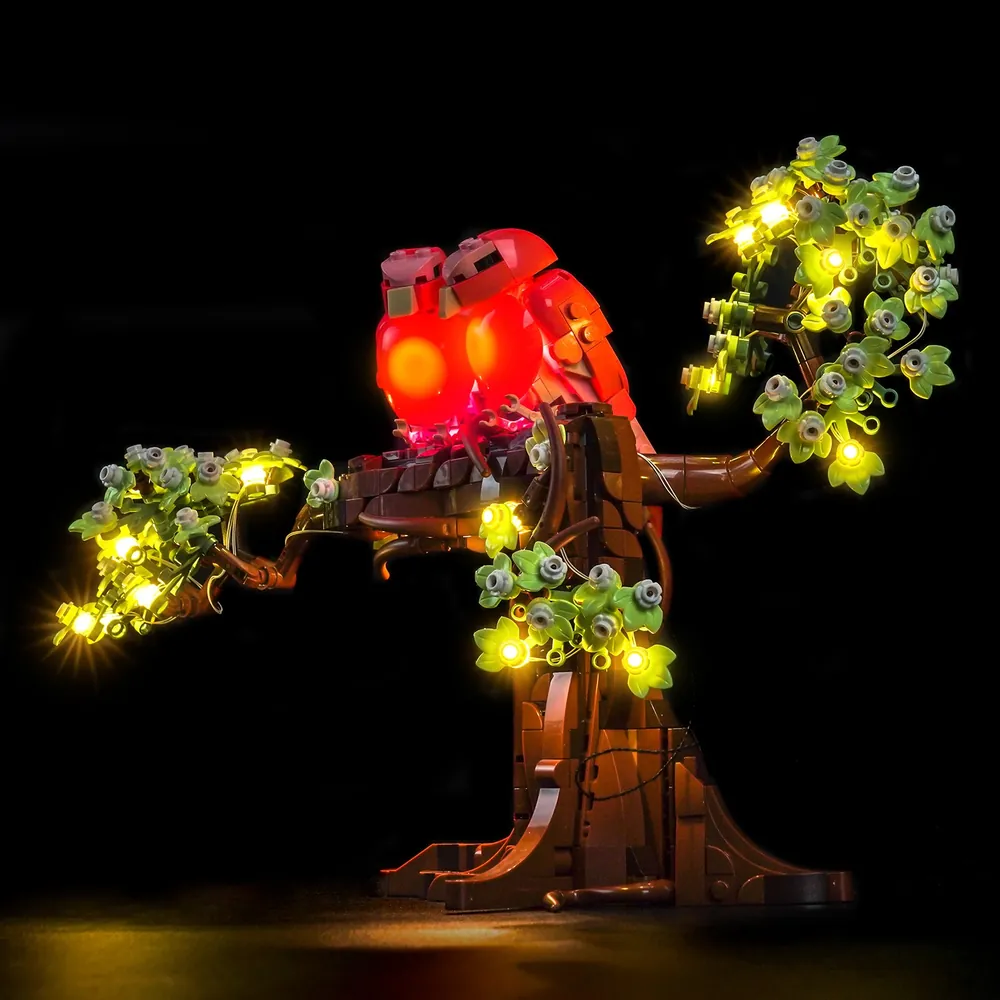 LEGO Love Birds 21365 with BrickBling kit softly lighting the foliage and birds