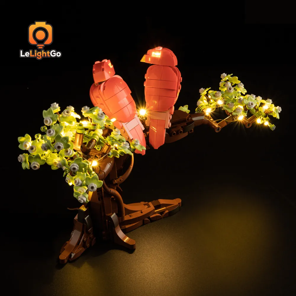 Display of LEGO Love Birds 21365 with LeLightGo kit on a shelf