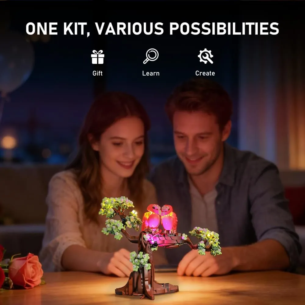 LEGO Love Birds 21365 with Lightailing kit illuminating the two birds at night