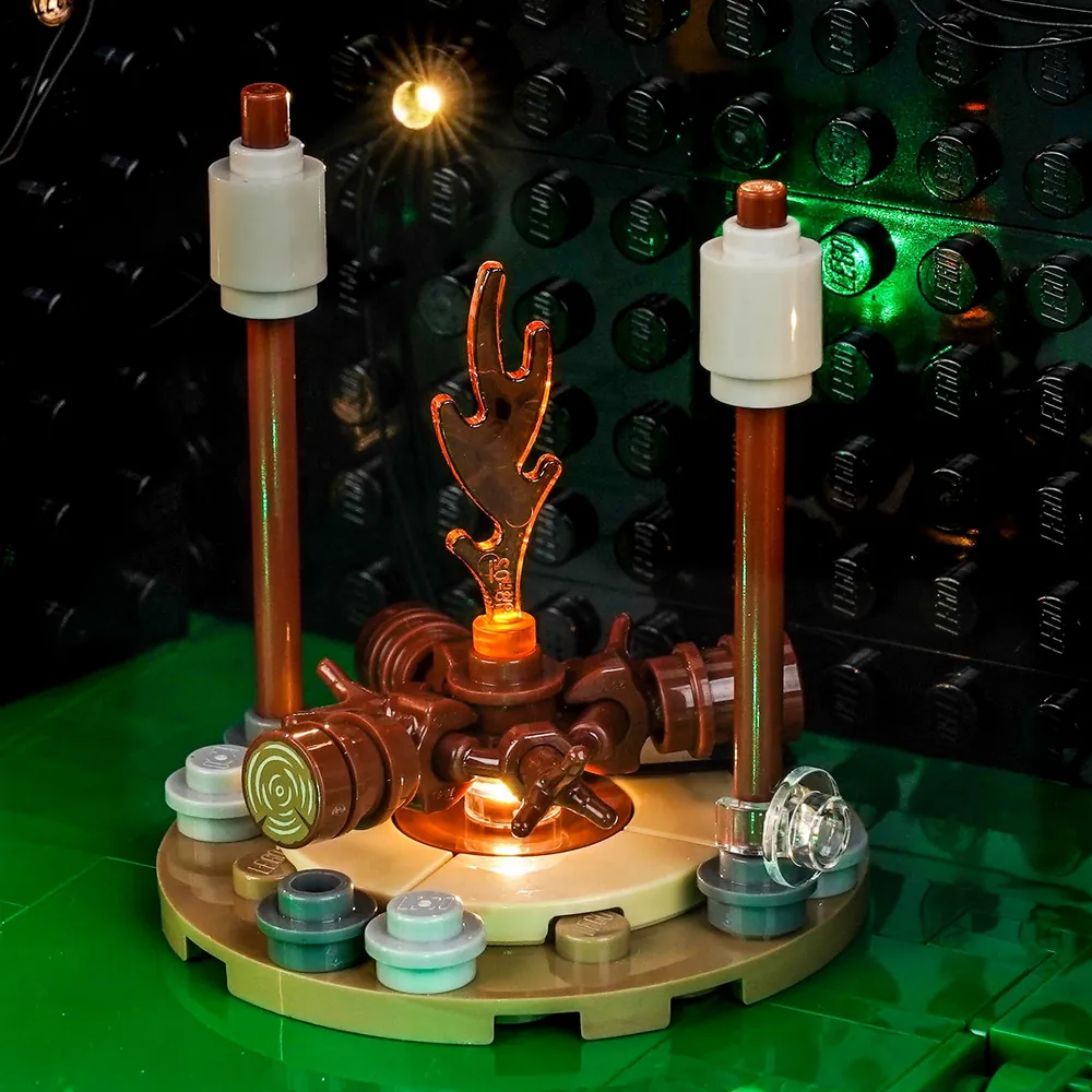 Close-up of BrickBling micro-LED lights on Snoopy's typewriter desk
