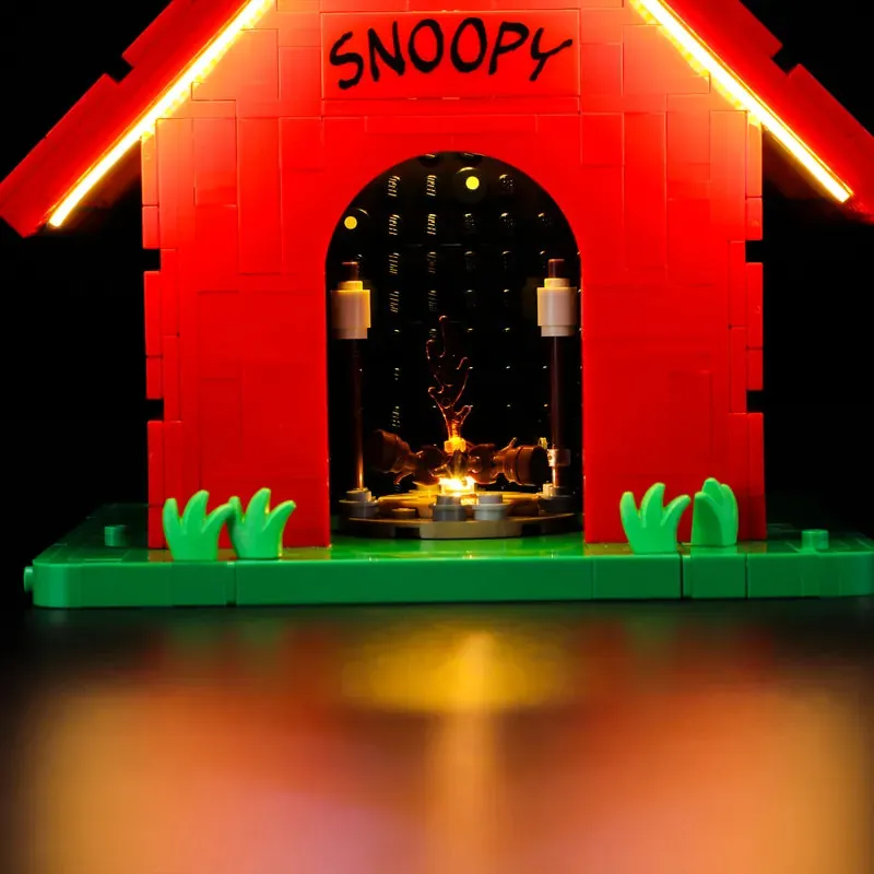 Lightailing light harness fitted to LEGO Snoopy's Doghouse campfire scene