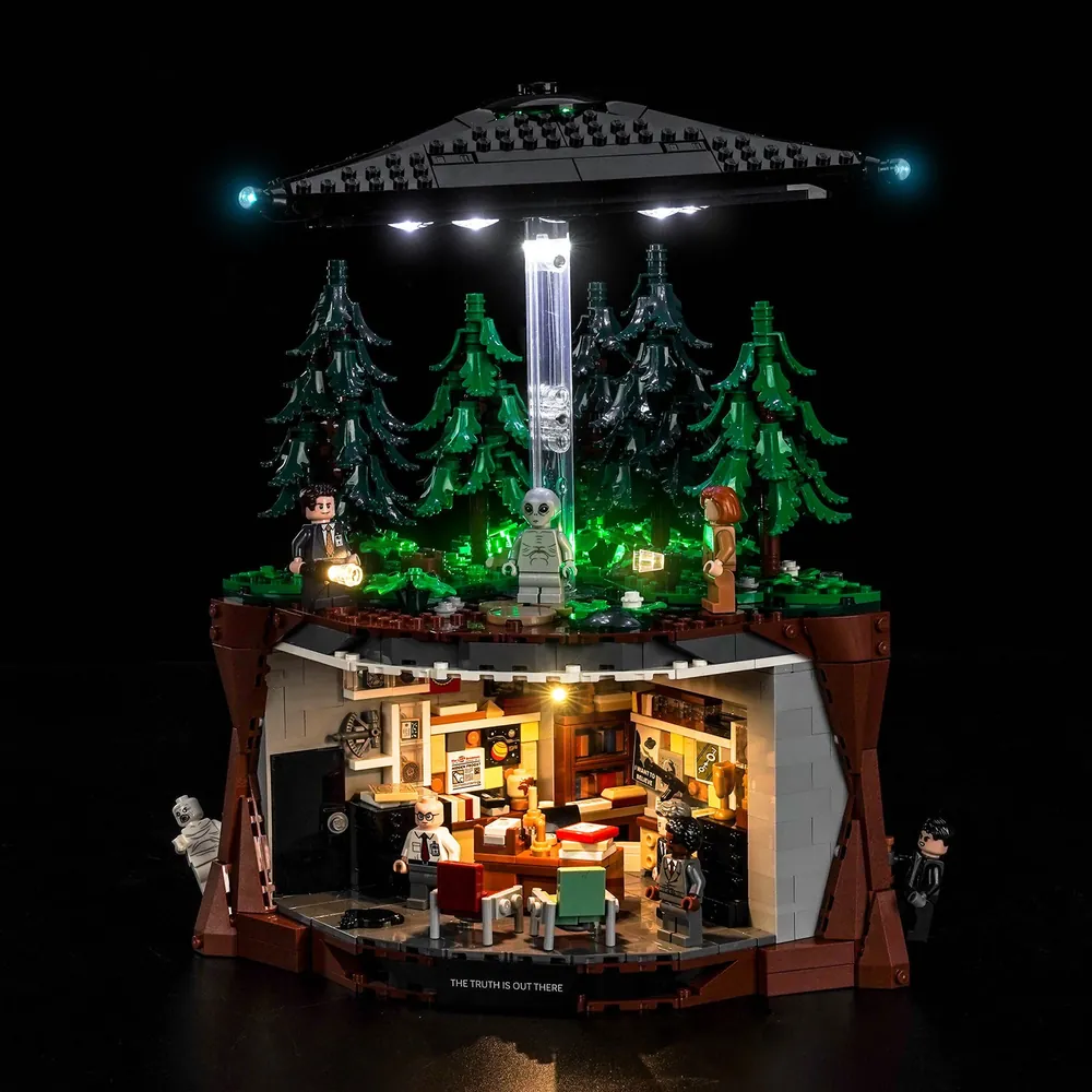 BrickBling LED kit for LEGO X-Files 21369 illuminating Mulder's office and UFO