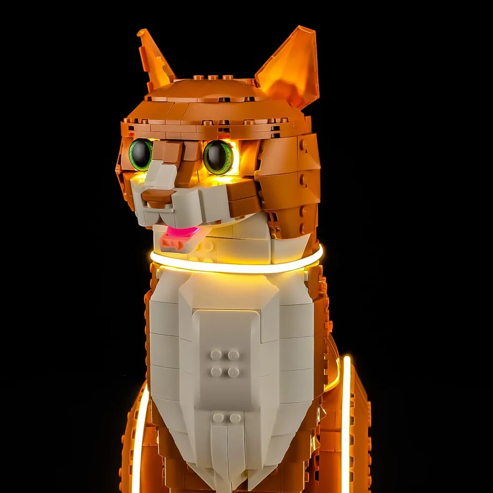 Thick wires of the Lightailing kit run along the base of the LEGO cat
