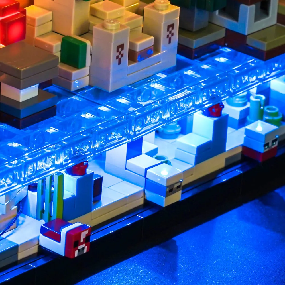Close-up of BrickBling modular micro-LED wiring on LEGO 21589 waterfall