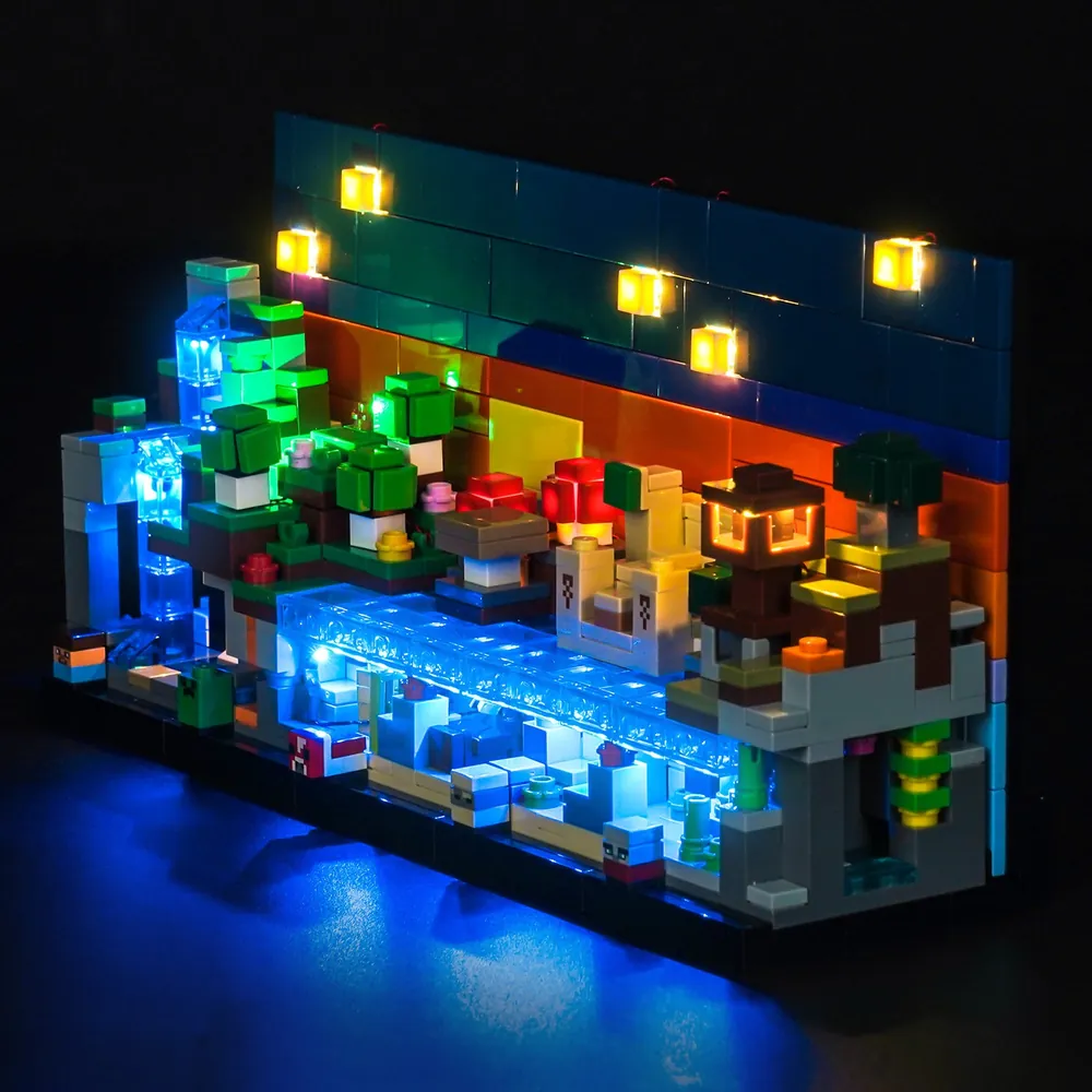 BrickBling kit illuminating Creeper and Mooshroom in LEGO 21589
