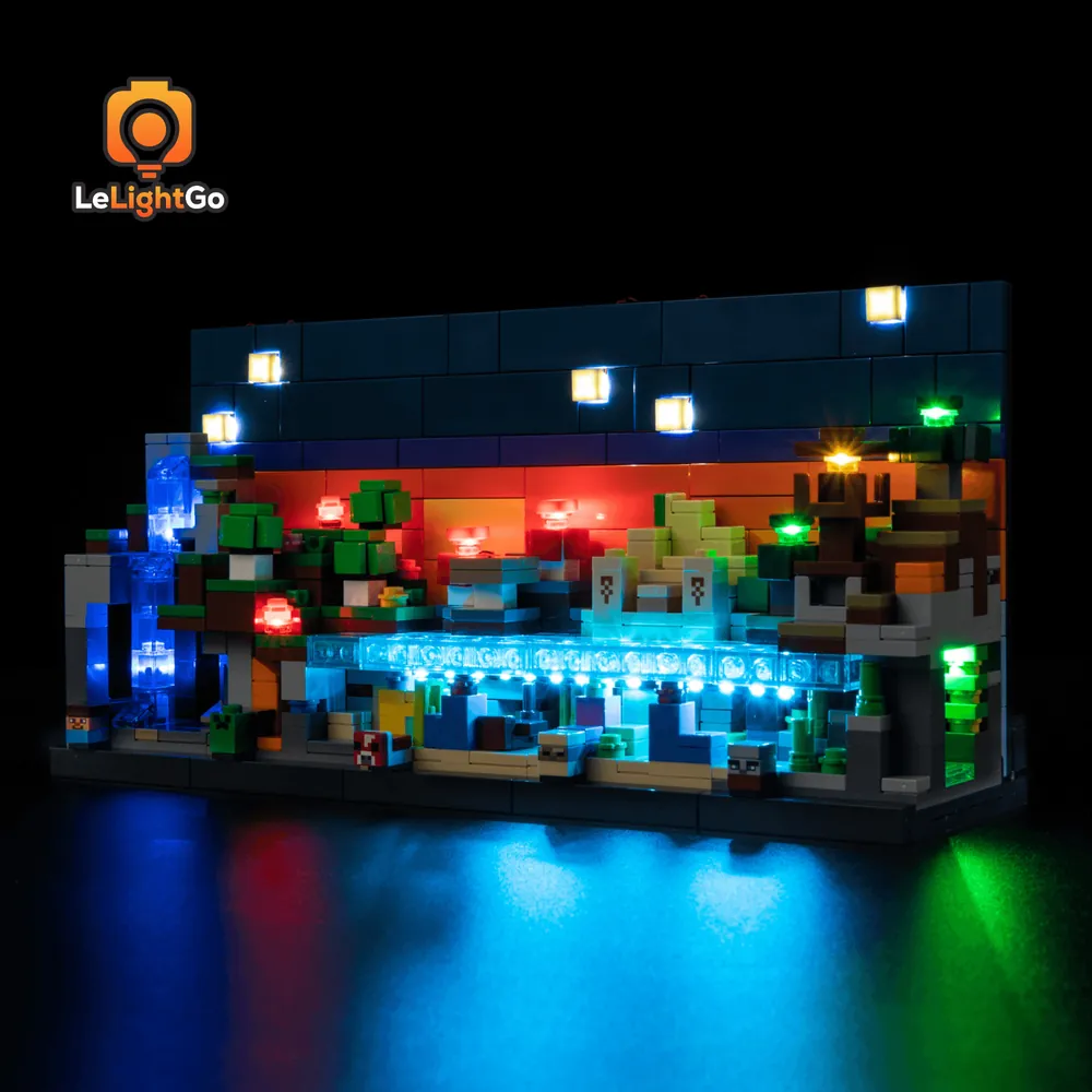 LeLightGo LED kit for LEGO Minecraft Mini Biomes 21589 on waterfall