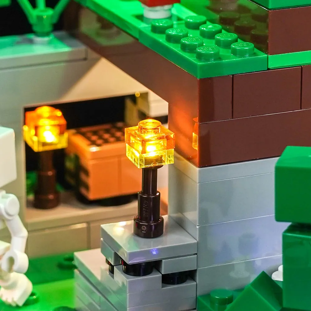 Close-up of BrickBling micro-LEDs on LEGO Minecraft 21593 showing clean wire concealment