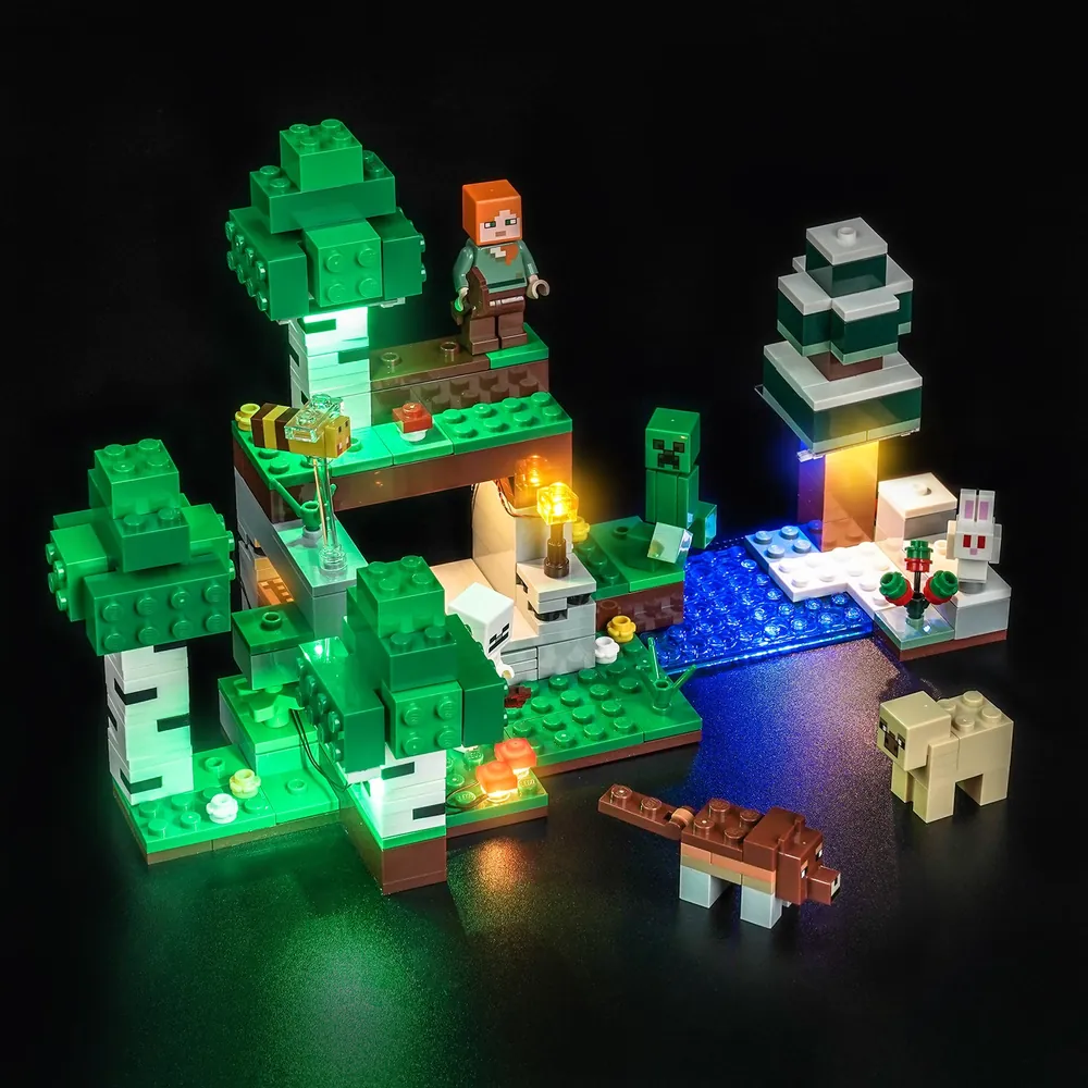 LEGO Minecraft 21593 with BrickBling lighting showcasing the Creeper and shelter glow