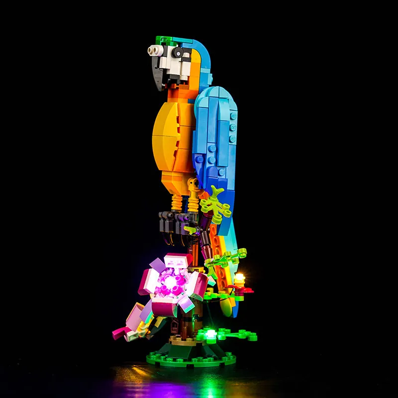 BrickBling LED kit lighting LEGO Exotic Parrot on perch showing blue and yellow feather glow