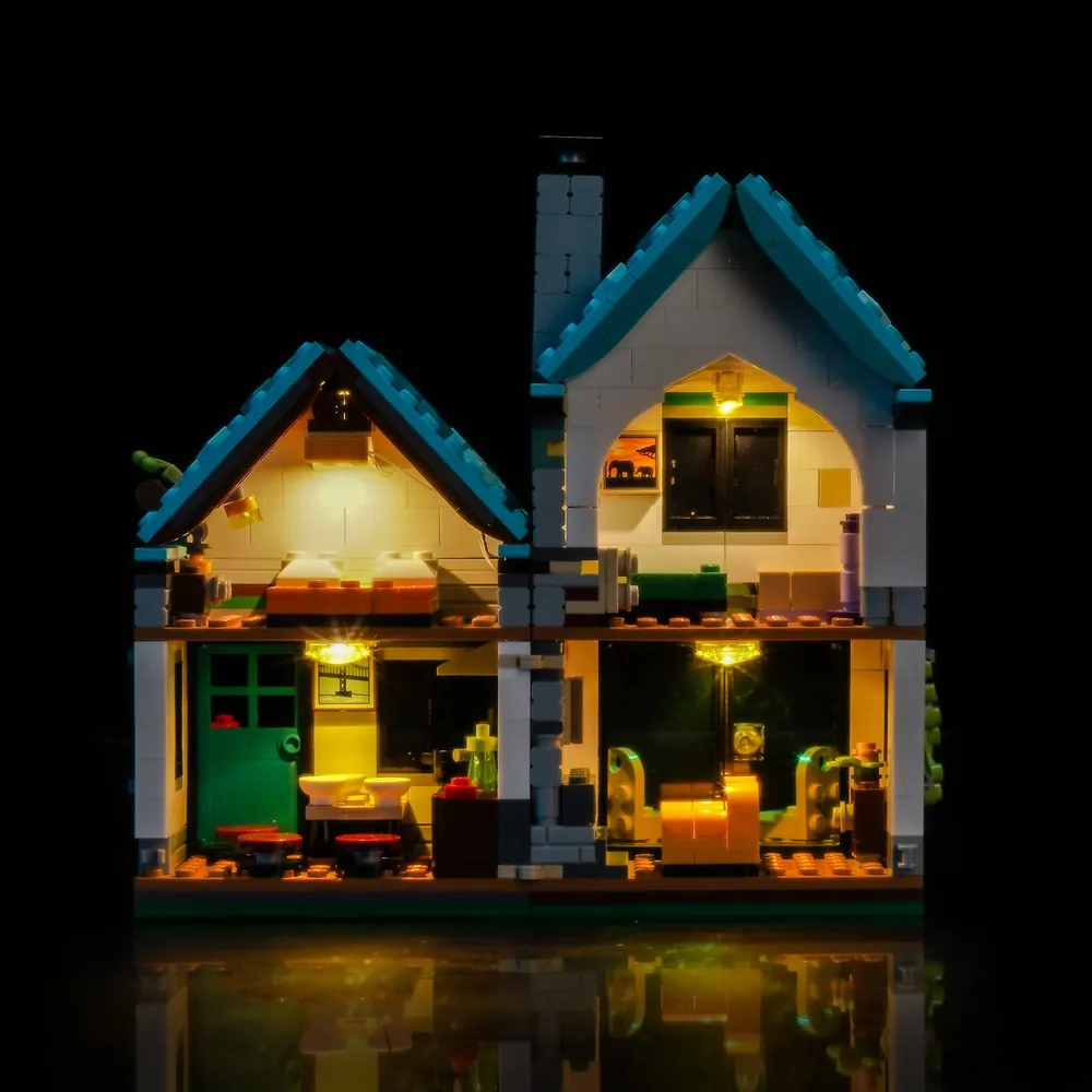 BrickBling LED kit highlighting the A-frame cabin alternate build