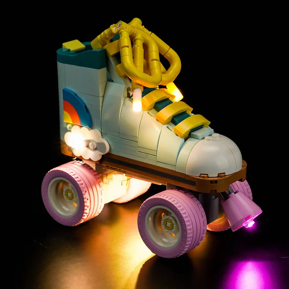 BrickBling light kit for LEGO Retro Roller Skate 31148 illuminating the wheels in a dark room