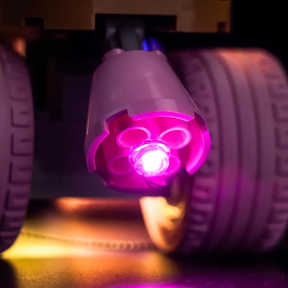 Close-up of BrickBling modular micro-LEDs on the LEGO Retro Roller Skate