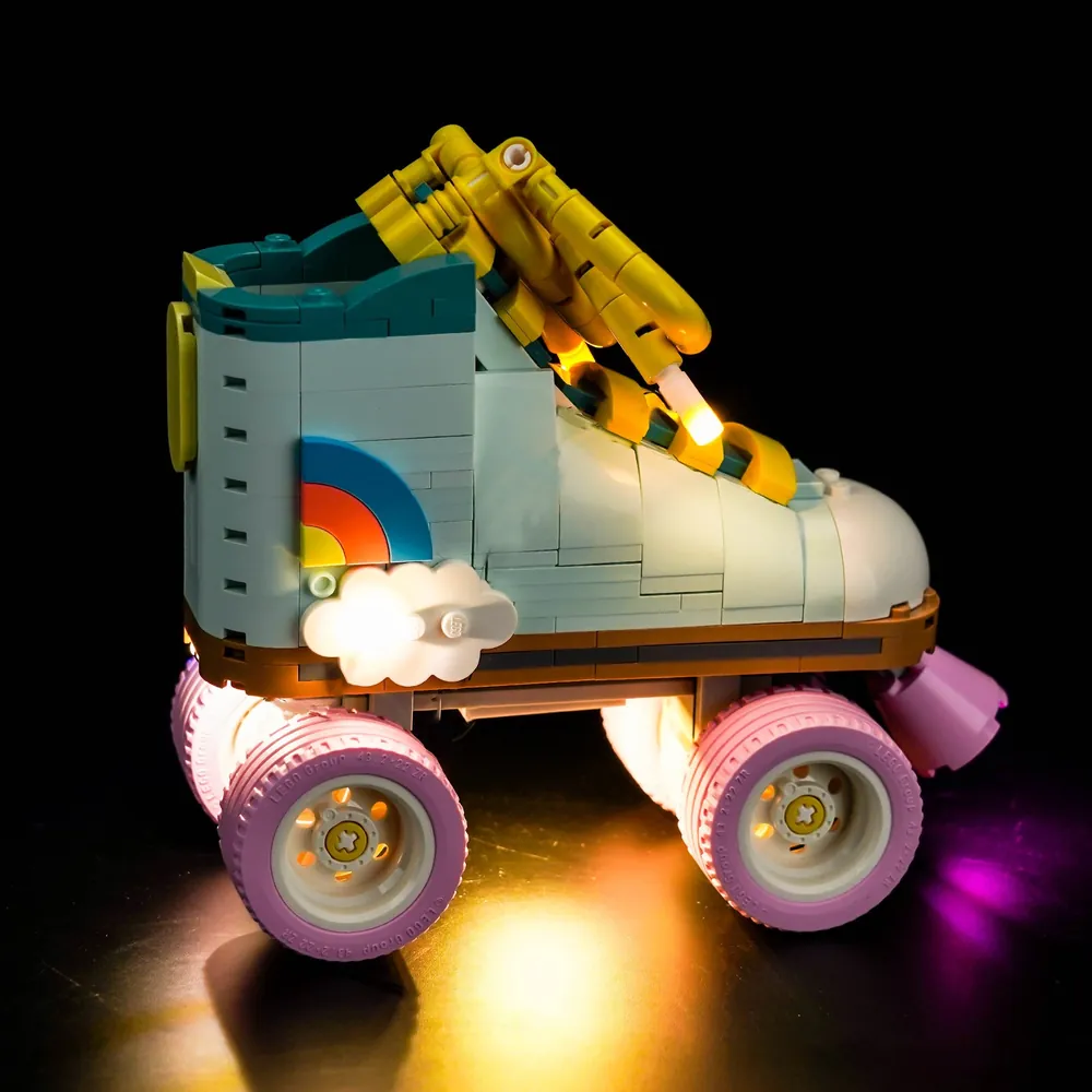 LEGO Retro Roller Skate 31148 with BrickBling light kit glowing in display case