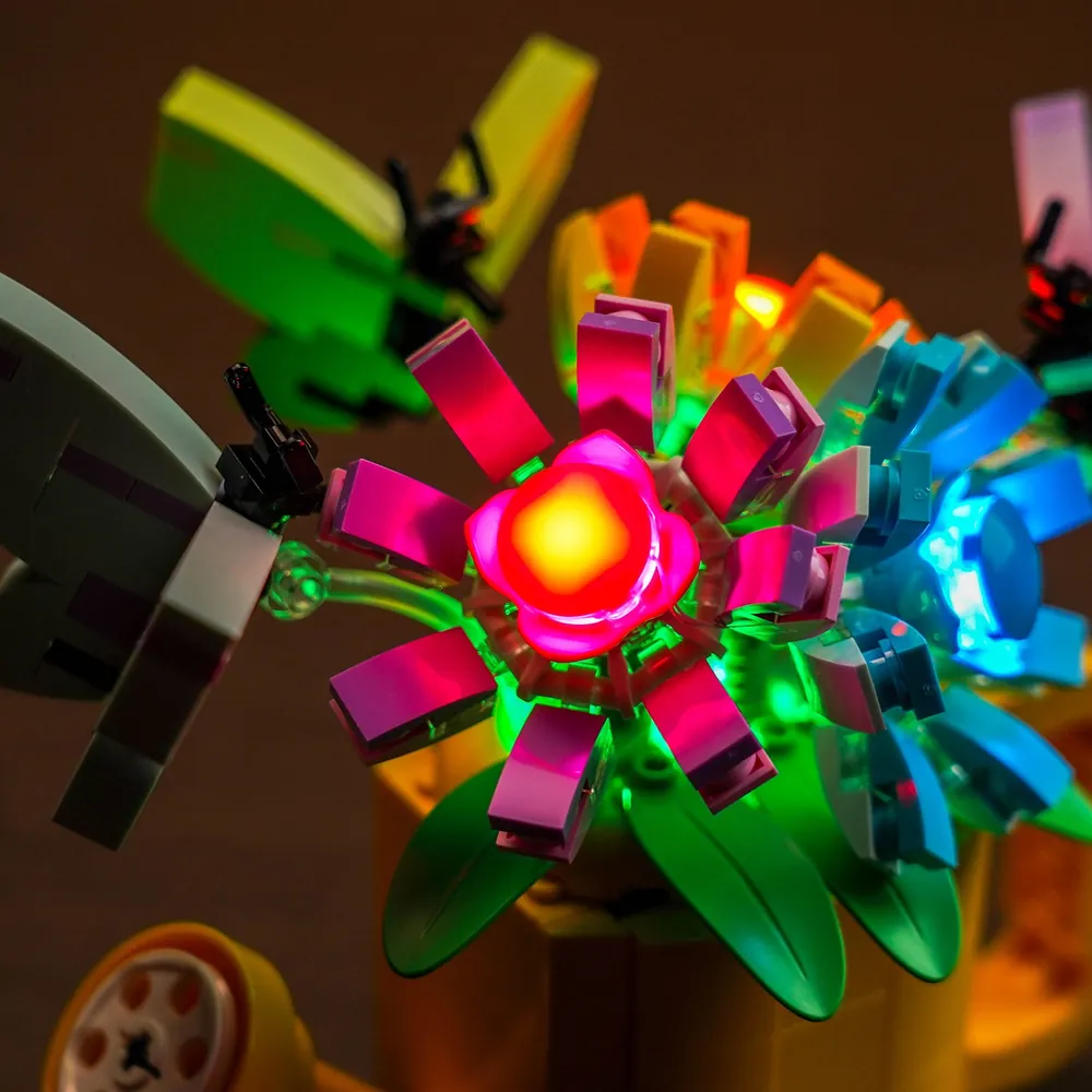 Micro-LED lights installed on LEGO watering can flower stems