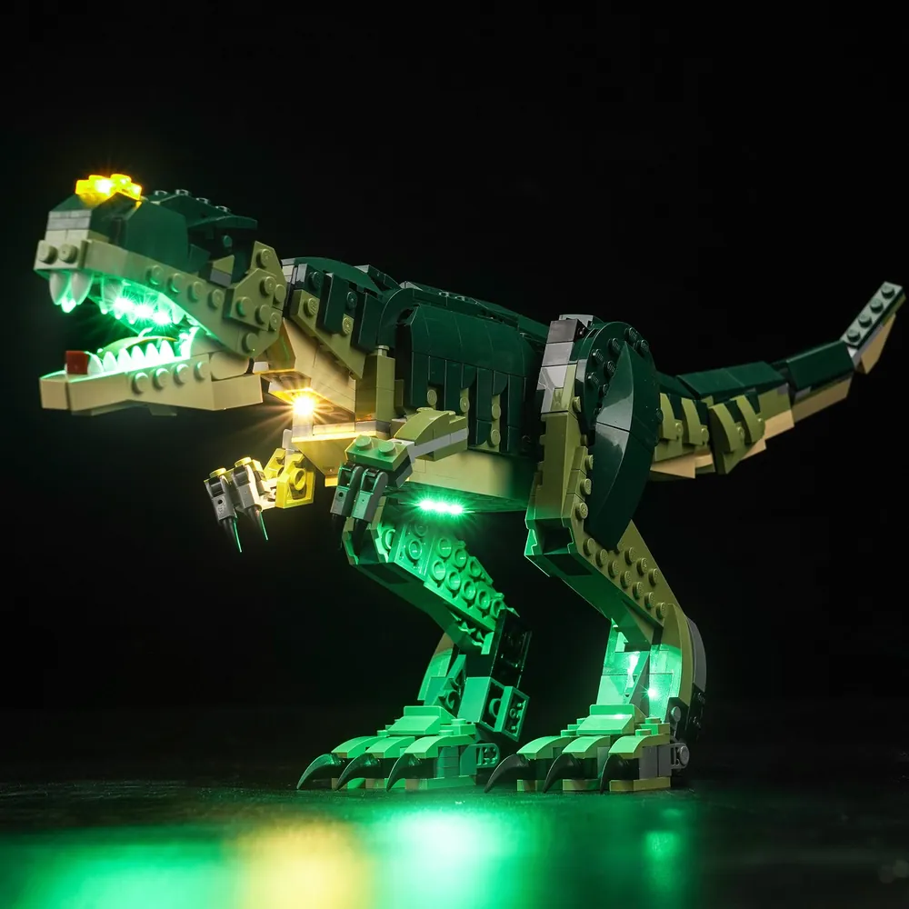 BrickBling LED kit for LEGO Creator T. rex 31151 illuminating the head and jaw with warm micro-LEDs