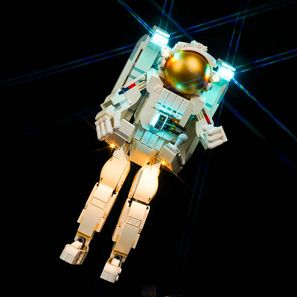 BrickBling LED kit for LEGO Space Astronaut 31152 showing illuminated helmet and chest