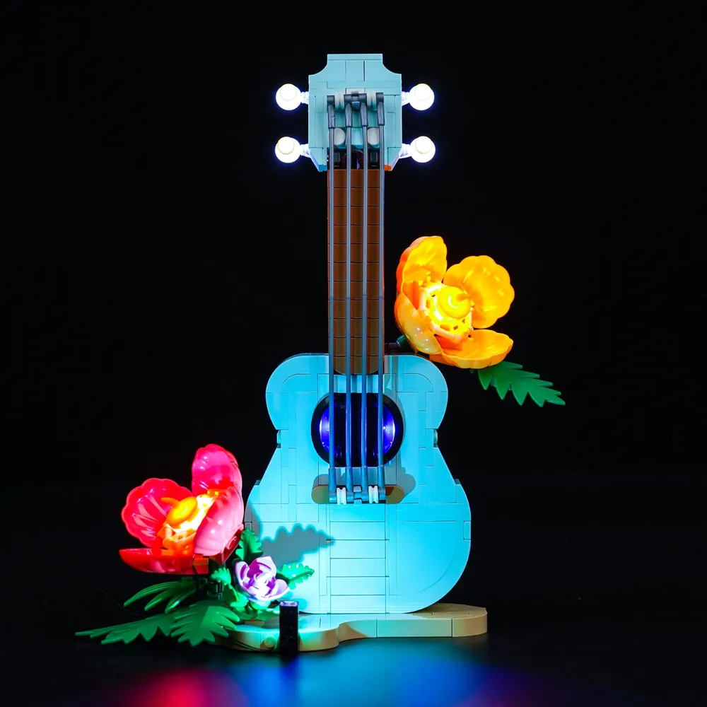 BrickBling LED kit for LEGO Tropical Ukulele 31156 illuminating the instrument body