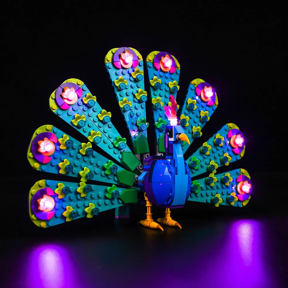 BrickBling LED kit lighting the LEGO Creator Exotic Peacock tail and body